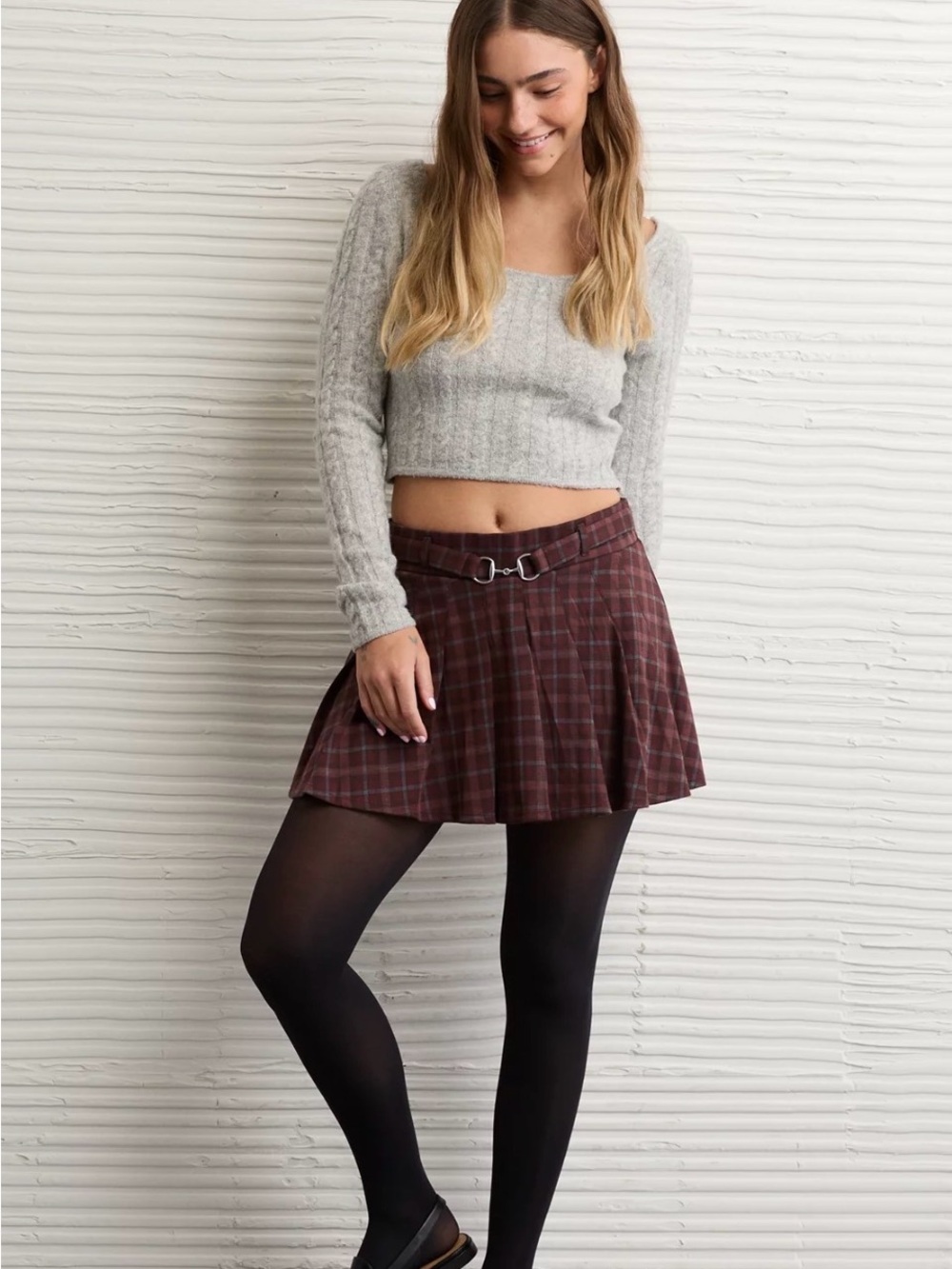 AE Plaid Pleated Mini Skirt with Silver Buckle - Burgundy